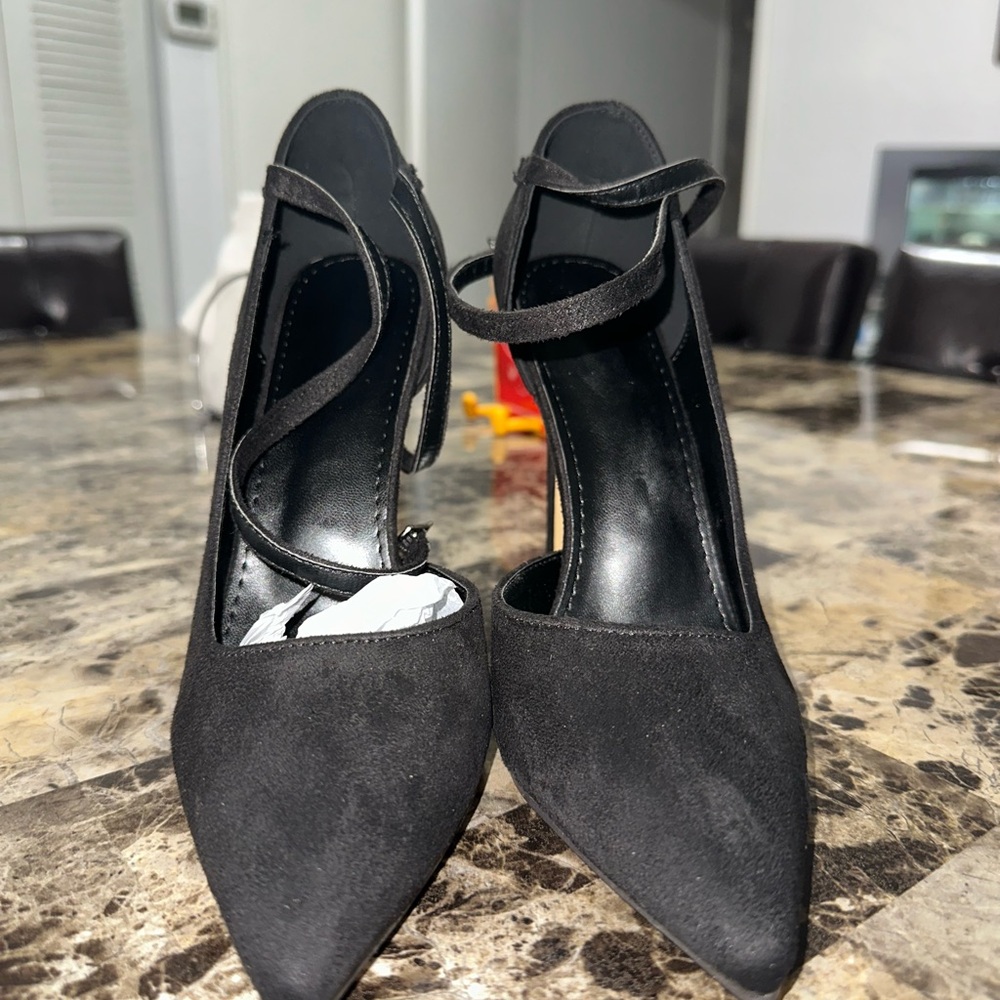 Black Suede Stiletto Heels with Ankle Strap